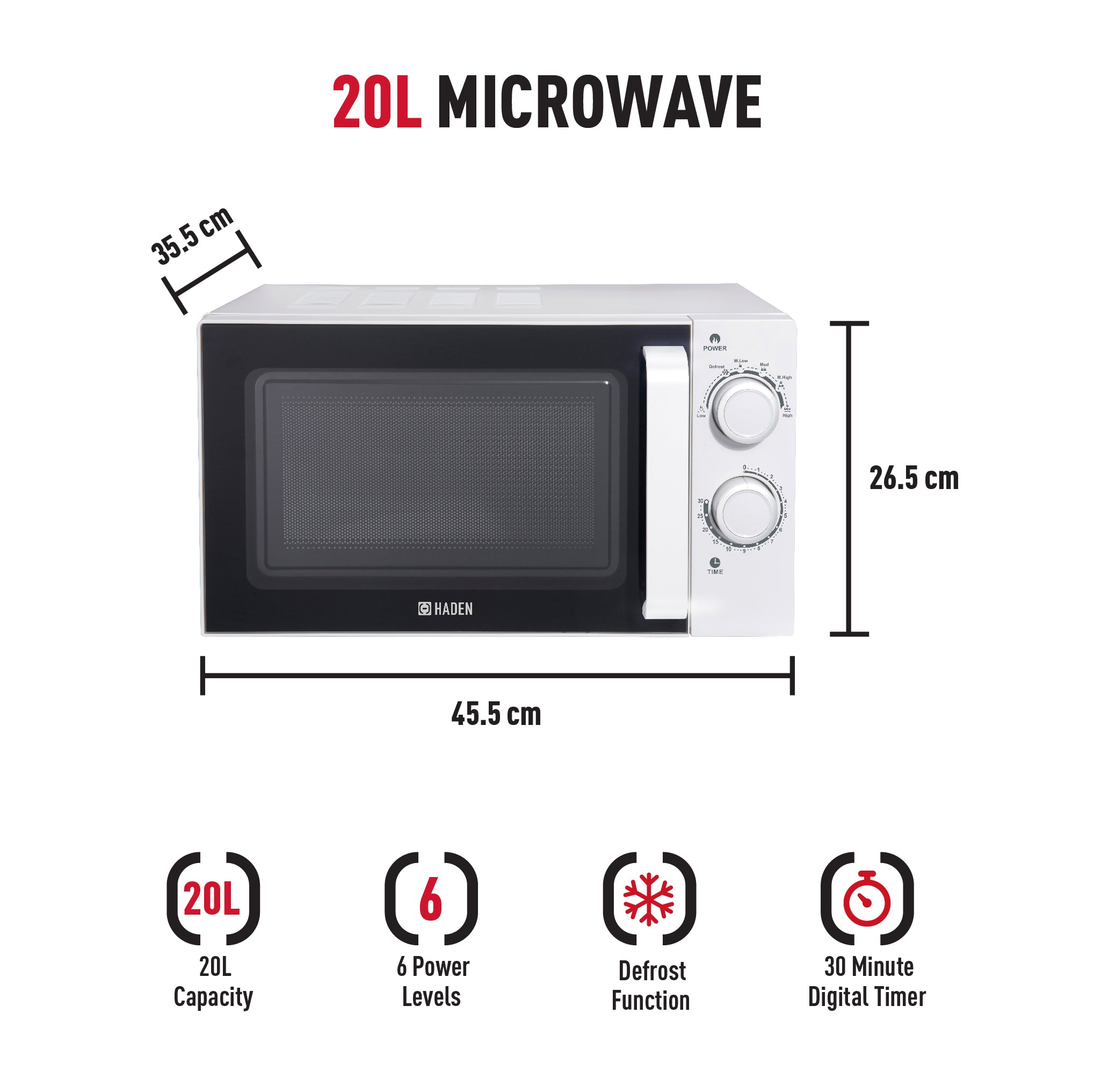 Micro-ondes Haden 20 L avec intérieur en acier inoxydable blanc